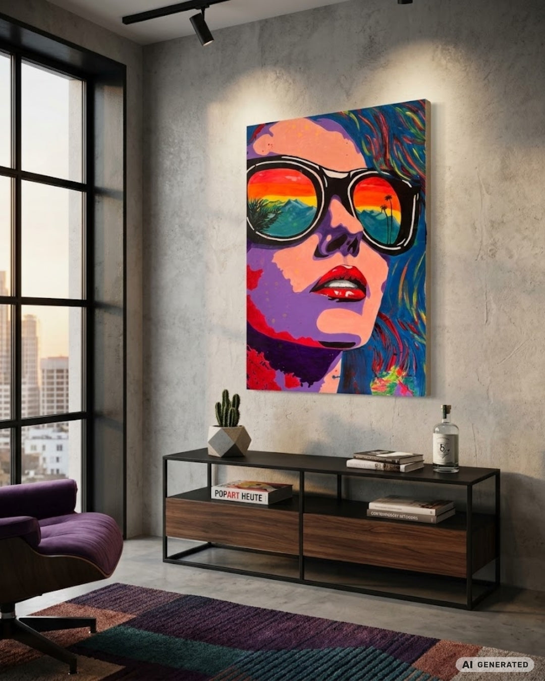 Großformatiges Pop-Art-Gemälde "Pop-Art Lady" von Susann Versteegen (ARTSPACER). Nahaufnahme einer Frau mit lila Haut und Sonnenbrille, in deren Gläsern sich ein bunter Sonnenuntergang spiegelt.