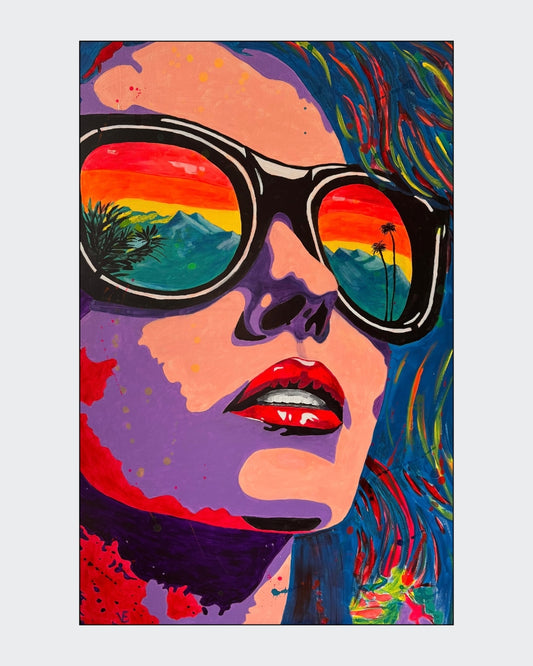 Großformatiges Pop-Art-Gemälde "Pop-Art Lady" von Susann Versteegen (ARTSPACER). Nahaufnahme einer Frau mit lila Haut und Sonnenbrille, in deren Gläsern sich ein bunter Sonnenuntergang spiegelt.
