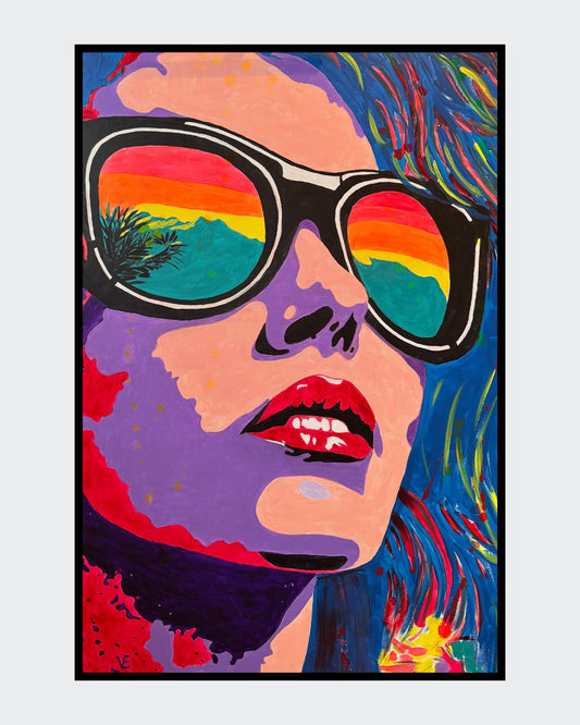 Großformatiges Pop-Art-Gemälde "Pop-Art Lady" von Susann Versteegen (ARTSPACER). Nahaufnahme einer Frau mit lila Haut und Sonnenbrille, in deren Gläsern sich ein bunter Sonnenuntergang spiegelt.