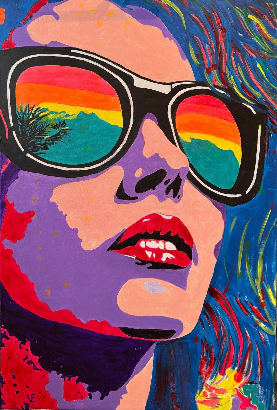 Großformatiges Pop-Art-Gemälde "Pop-Art Lady" von Susann Versteegen (ARTSPACER). Nahaufnahme einer Frau mit lila Haut und Sonnenbrille, in deren Gläsern sich ein bunter Sonnenuntergang spiegelt.