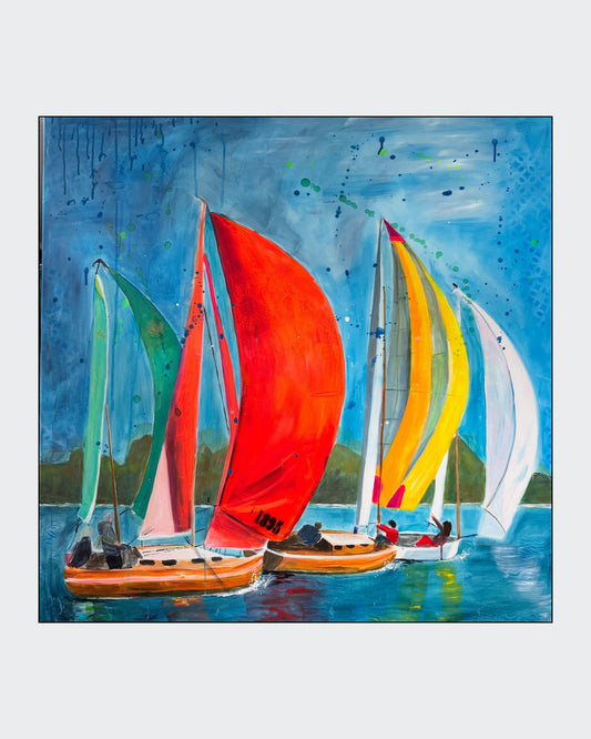 Acrylgemälde "sail away" von Susann Versteegen (ARTSPACER) im Urban Art Stil. Eine Gruppe von Segelbooten mit farbenfrohen Segeln (rot, grün, gelb) rast über blaues Wasser unter einem spritzenden Himmel.