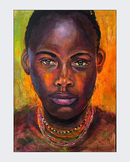 Expressives Acrylporträt „Still frei“ von Susann Versteegen mit direktem Blick und intensiven Grün-, Orange-, Braun-, Gelb-, Blau- und Lilatönen.