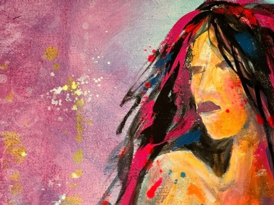 Expressiv-figurative Acrylmalerei „Zwischen den Welten“ von Susann Versteegen mit einer abstrahierten Meerjungfrauenfigur in Blau, Türkis, Pink, Orange und Grün.