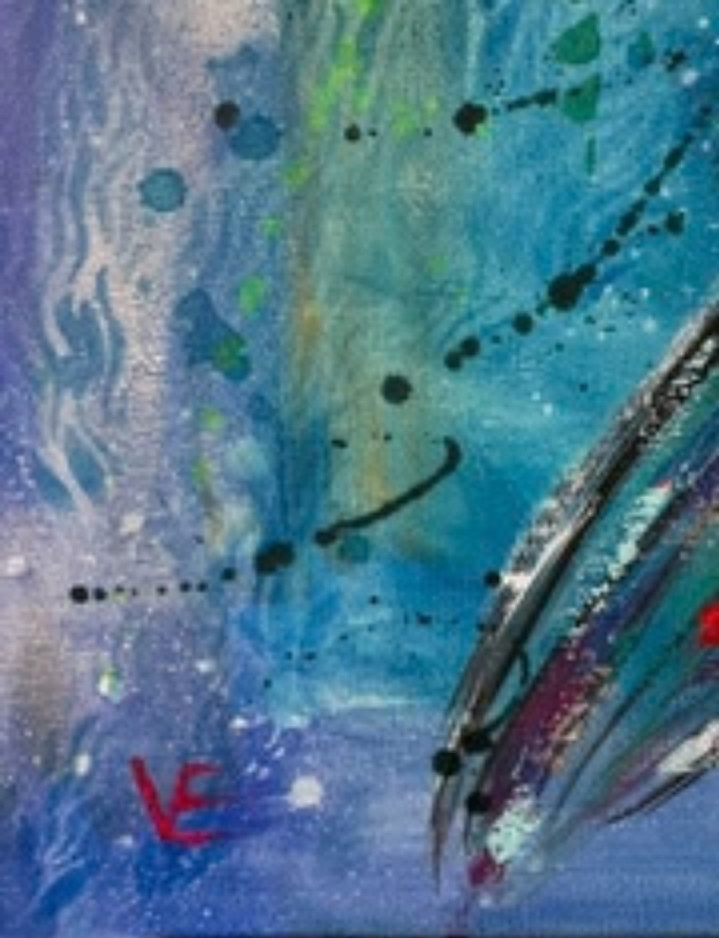Expressiv-figurative Acrylmalerei „Zwischen den Welten“ von Susann Versteegen mit einer abstrahierten Meerjungfrauenfigur in Blau, Türkis, Pink, Orange und Grün.