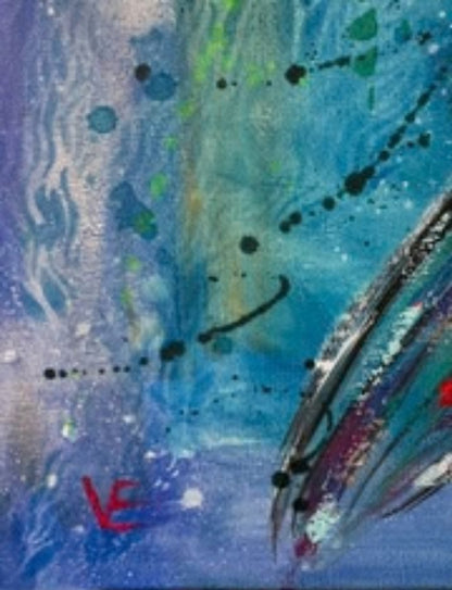 Expressiv-figurative Acrylmalerei „Zwischen den Welten“ von Susann Versteegen mit einer abstrahierten Meerjungfrauenfigur in Blau, Türkis, Pink, Orange und Grün.