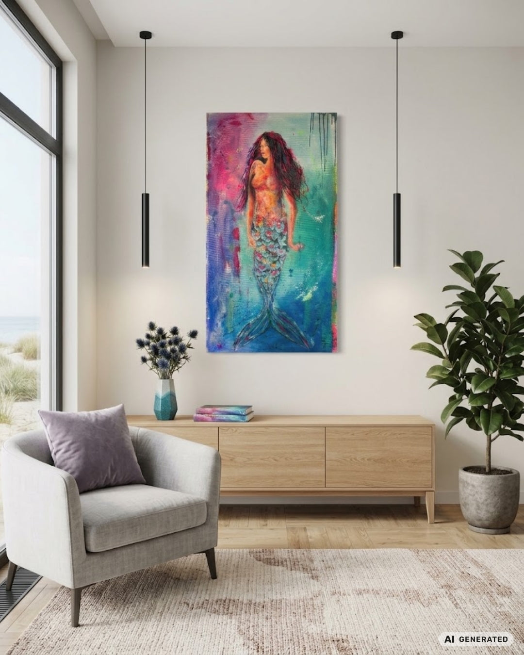 Expressiv-figurative Acrylmalerei „Zwischen den Welten“ von Susann Versteegen mit einer abstrahierten Meerjungfrauenfigur in Blau, Türkis, Pink, Orange und Grün.