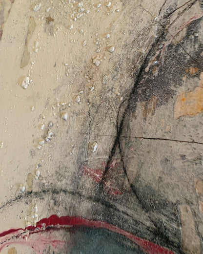 Abstraktes Gemälde „Abstractart 1“ von Susanne Schwartinsky-Probst, Acryl auf Leinwand, 90 x 60 cm, Kreiskomposition in Beige, Türkis, Grau und Rot.