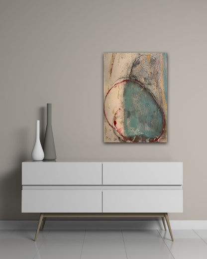 Abstraktes Gemälde „Abstractart 1“ von Susanne Schwartinsky-Probst, Acryl auf Leinwand, 90 x 60 cm, Kreiskomposition in Beige, Türkis, Grau und Rot.