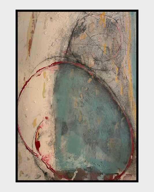 Abstraktes Gemälde „Abstractart 1“ von Susanne Schwartinsky-Probst, Acryl auf Leinwand, 90 x 60 cm, Kreiskomposition in Beige, Türkis, Grau und Rot.