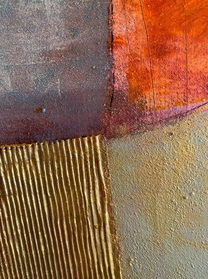 Abstraktes Gemälde „Abstractart 2“ von Susanne Schwartinsky-Probst, Acryl auf Leinwand, 90 x 60 cm, Komposition in Rostrot, Grau, Gold und Grün mit strukturierter Oberfläche.