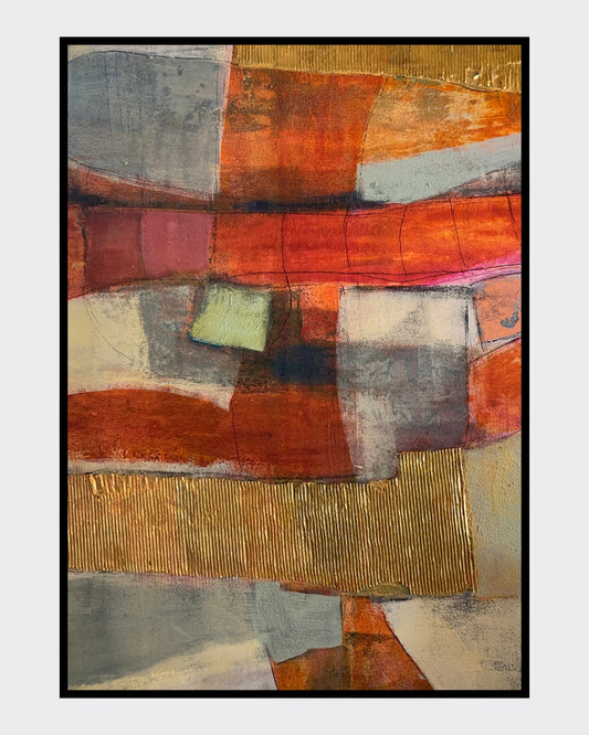 Abstraktes Gemälde „Abstractart 2“ von Susanne Schwartinsky-Probst, Acryl auf Leinwand, 90 x 60 cm, Komposition in Rostrot, Grau, Gold und Grün mit strukturierter Oberfläche.