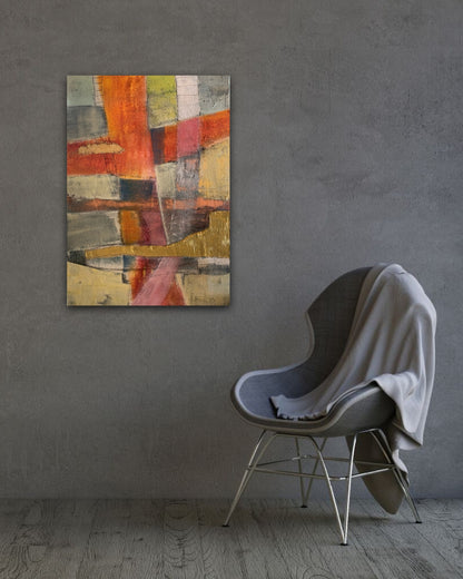 Abstraktes Gemälde „Abstractart 3“ von Susanne Schwartinsky-Probst, Acryl auf Leinwand, 90 x 60 cm, mit rotem, gelbem und grauem Farbfeld, Goldstruktur und Textilfragment.