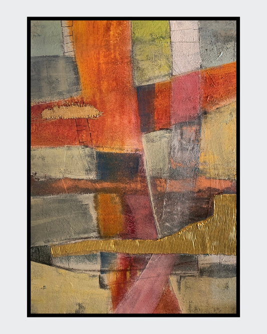 Abstraktes Gemälde „Abstractart 3“ von Susanne Schwartinsky-Probst, Acryl auf Leinwand, 90 x 60 cm, mit rotem, gelbem und grauem Farbfeld, Goldstruktur und Textilfragment.