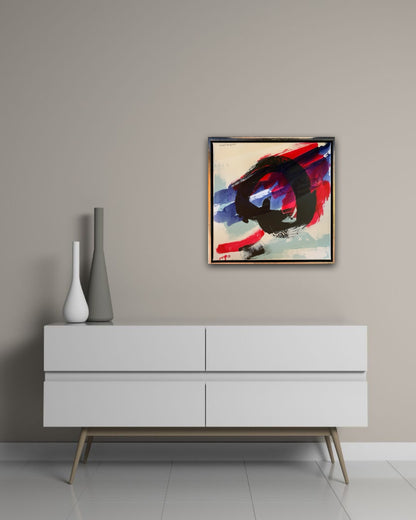 Abstraktes Gemälde „abstrakt World“ von Susanne Schwartinsky-Probst in Acryl auf Leinwand, 60 x 60 cm, mit Schattenfugenrahmen, kräftige Farben und freie Formen.