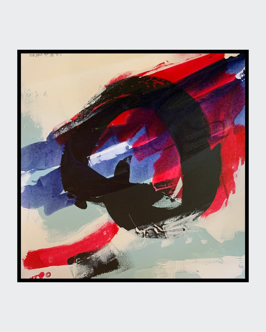 Abstraktes Gemälde „abstrakt World“ von Susanne Schwartinsky-Probst in Acryl auf Leinwand, 60 x 60 cm, mit Schattenfugenrahmen, kräftige Farben und freie Formen.