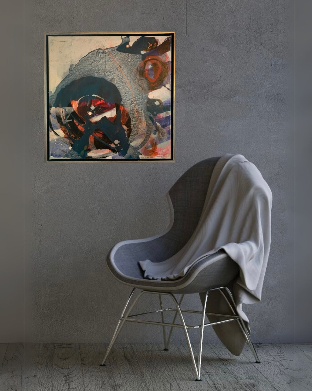 Abstraktes Acrylgemälde „Abstrakt World 2“ von Susanne Schwartinsky-Probst, 60 x 60 cm, mit strukturreicher Oberfläche und intensiven Farbkontrasten im Schattenfugenrahmen.