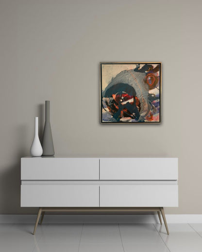 Abstraktes Acrylgemälde „Abstrakt World 2“ von Susanne Schwartinsky-Probst, 60 x 60 cm, mit strukturreicher Oberfläche und intensiven Farbkontrasten im Schattenfugenrahmen.