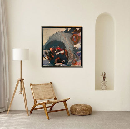 Abstraktes Acrylgemälde „Abstrakt World 2“ von Susanne Schwartinsky-Probst, 60 x 60 cm, mit strukturreicher Oberfläche und intensiven Farbkontrasten im Schattenfugenrahmen.