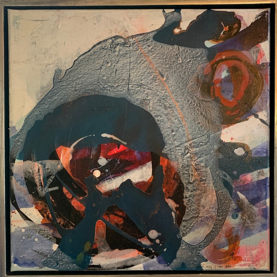 Abstraktes Acrylgemälde „Abstrakt World 2“ von Susanne Schwartinsky-Probst, 60 x 60 cm, mit strukturreicher Oberfläche und intensiven Farbkontrasten im Schattenfugenrahmen.