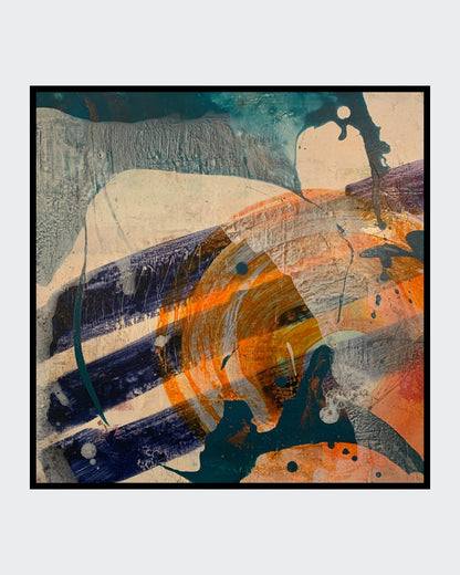 Acrylbild „Abstrakt World 3“ von Susanne Schwartinsky-Probst, abstrakte Malerei in Blau-Orange auf Leinwand mit Struktur, 60 x 60 cm, Schattenfugenrahmen.