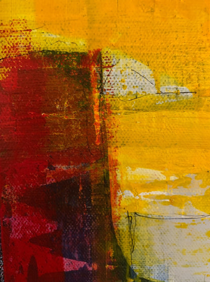 Abstraktes Acrylgemälde „Abstract World 4“ in Gelb-, Blau-, Grün- und Rottönen, strukturiert geschichtet und im silbernen Schattenfugenrahmen.