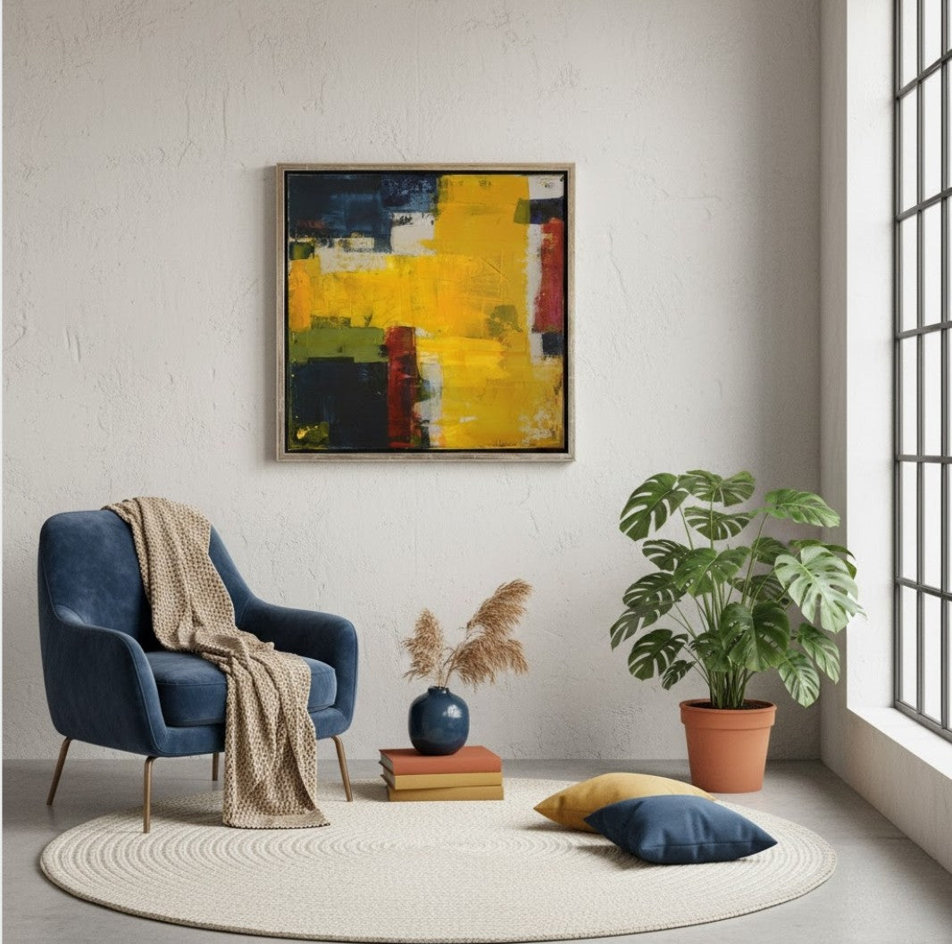 Abstraktes Acrylgemälde „Abstract World 4“ in Gelb-, Blau-, Grün- und Rottönen, strukturiert geschichtet und im silbernen Schattenfugenrahmen.