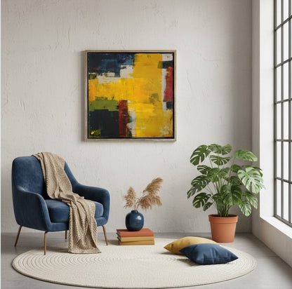 Abstraktes Acrylgemälde „Abstract World 4“ in Gelb-, Blau-, Grün- und Rottönen, strukturiert geschichtet und im silbernen Schattenfugenrahmen.