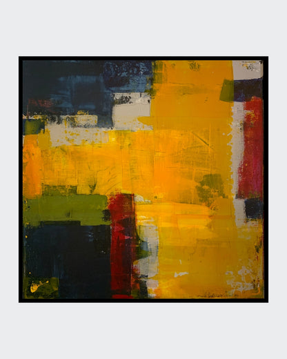 Abstraktes Acrylgemälde „Abstract World 4“ in Gelb-, Blau-, Grün- und Rottönen, strukturiert geschichtet und im silbernen Schattenfugenrahmen.