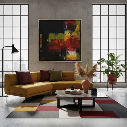 Abstraktes Acrylgemälde „Abstract World 5“ mit intensiven Rot-, Gelb-, Grün- und Dunkelblautönen, strukturreich geschichtet im silbernen Schattenfugenrahmen.