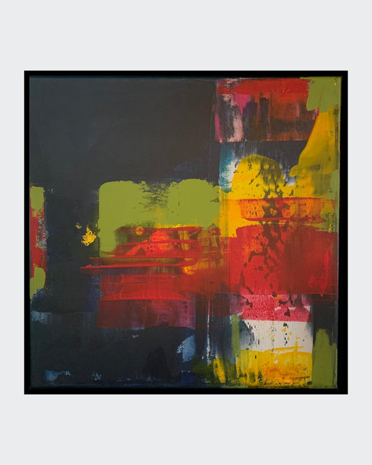 Abstraktes Acrylgemälde „Abstract World 5“ mit intensiven Rot-, Gelb-, Grün- und Dunkelblautönen, strukturreich geschichtet im silbernen Schattenfugenrahmen.