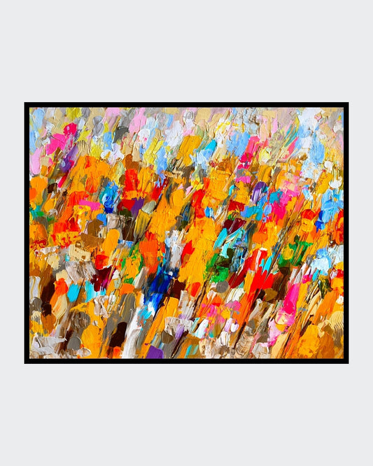 Abstraktes Acrylgemälde „Another Day in Autumn“ von Susanne Stepbach. Vertikale, reliefartige Pinselstriche in leuchtendem Gelb, Orange und Magenta, kontrastiert durch kräftiges Türkis, Violett und Weiß. Die dicke Farbschicht (Impasto) erzeugt eine lebendige Dynamik auf 30x40 cm Leinwand.