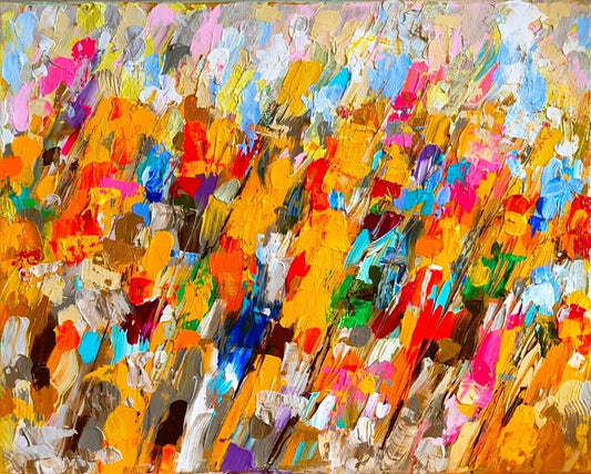 Abstraktes Acrylgemälde „Another Day in Autumn“ von Susanne Stepbach. Vertikale, reliefartige Pinselstriche in leuchtendem Gelb, Orange und Magenta, kontrastiert durch kräftiges Türkis, Violett und Weiß. Die dicke Farbschicht (Impasto) erzeugt eine lebendige Dynamik auf 30x40 cm Leinwand.