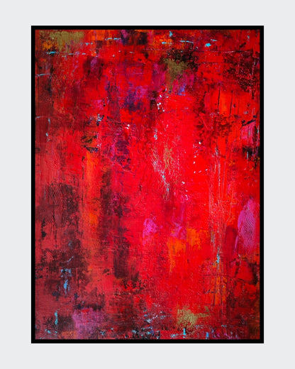 Ein abstraktes Gemälde in kräftigen Rottönen dominiert. Die Oberfläche ist strukturiert durch die Verwendung von Sand und Pigmenten. Es entsteht ein lebendiger, fast dreidimensionaler Eindruck. Kunstwerk von Susanne Stepbach aus Wuppertal.