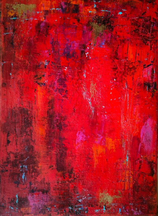Ein abstraktes Gemälde in kräftigen Rottönen dominiert. Die Oberfläche ist strukturiert durch die Verwendung von Sand und Pigmenten. Es entsteht ein lebendiger, fast dreidimensionaler Eindruck. Kunstwerk von Susanne Stepbach aus Wuppertal.