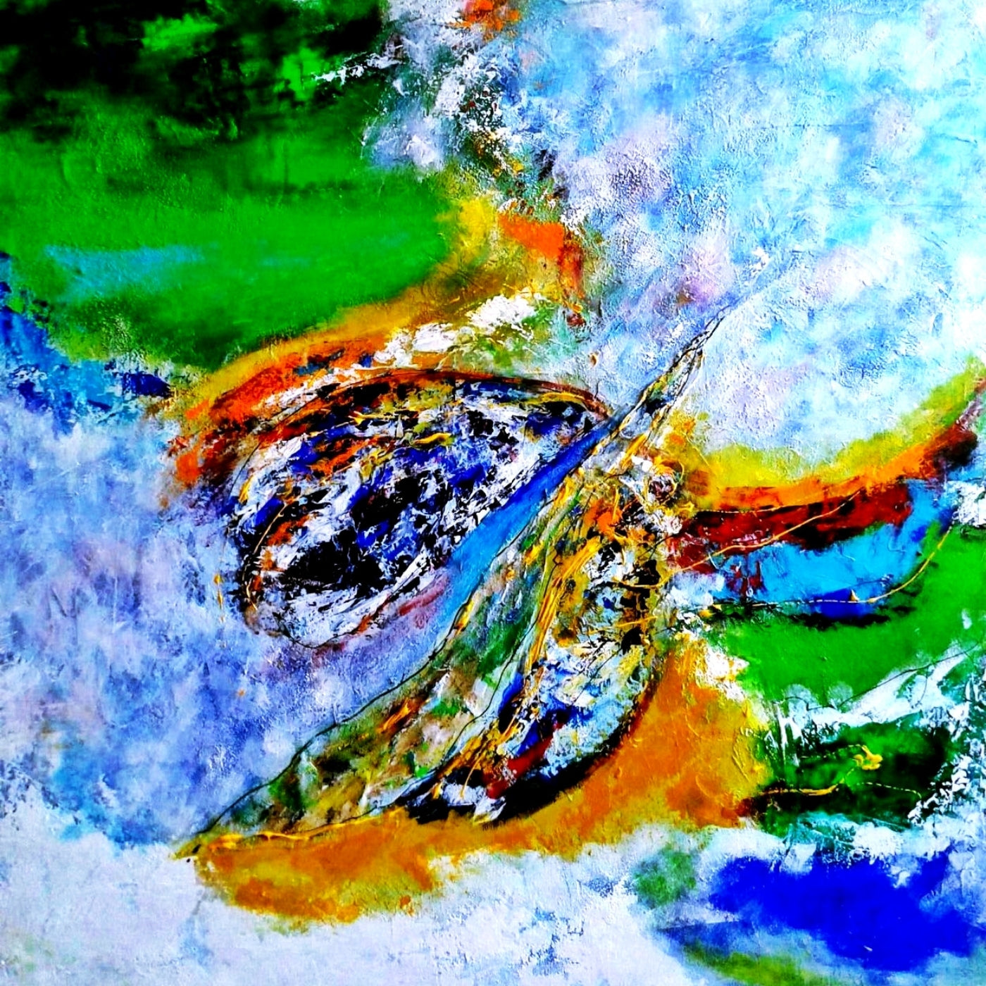 Abstraktes Gemälde in leuchtenden Farben. Blaue, grüne und gelbe Farbwirbel dominieren auf weißem Hintergrund, durchzogen von dünnen schwarzen Linien. Künstlerin: Susanne Stepbach, Galerie Paletti in Wuppertal.