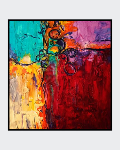 Abstraktes Acrylgemälde "Orient" von Susanne Stepbach. Eine farbgewaltige Komposition aus tiefem Rot, leuchtendem Türkis, Orange und Violett mit starkem Farbauftrag (Impasto) und grafischen, dunklen Linien-Elementen auf 20x20 cm Leinwand.