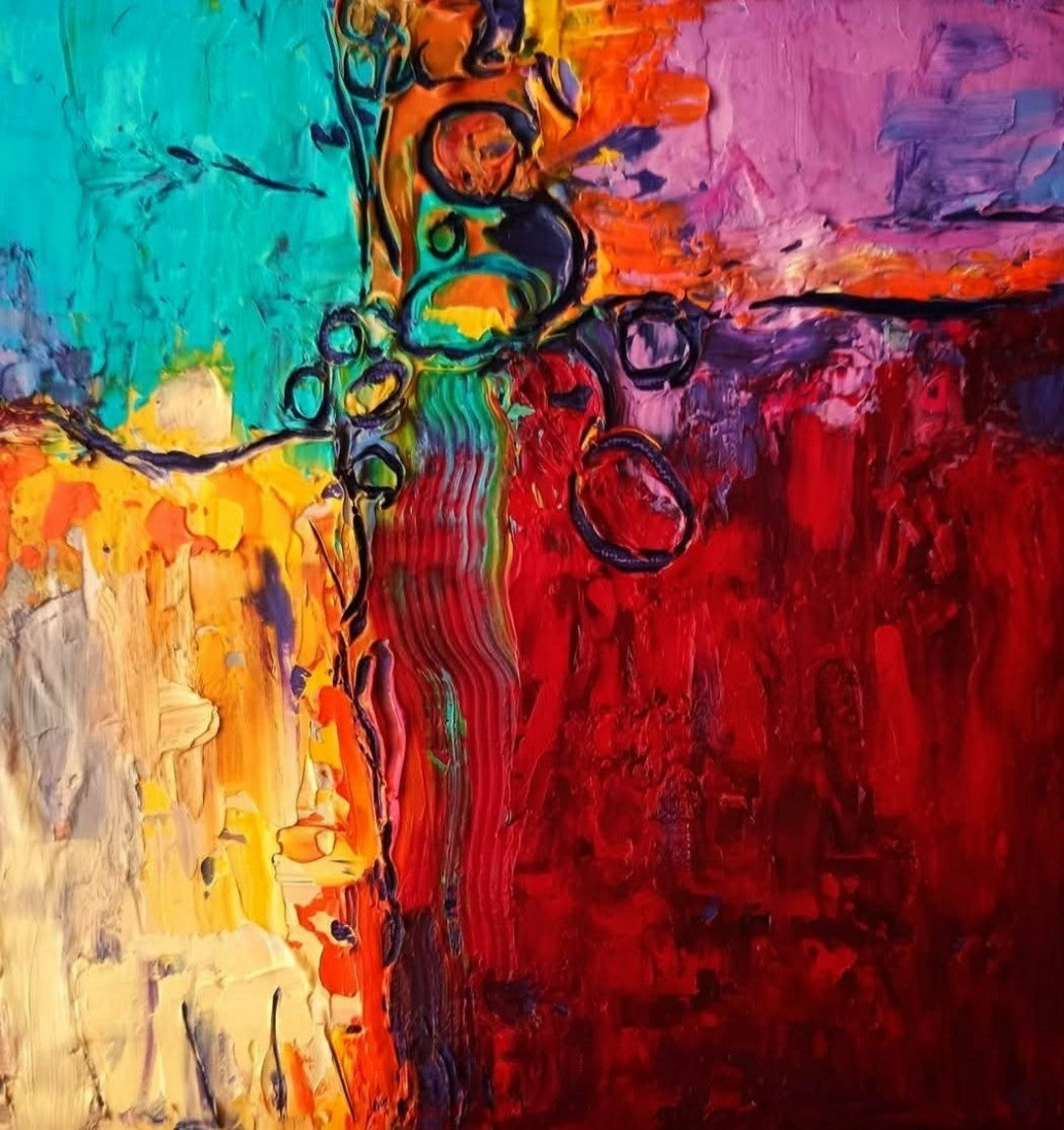 Abstraktes Acrylgemälde "Orient" von Susanne Stepbach. Eine farbgewaltige Komposition aus tiefem Rot, leuchtendem Türkis, Orange und Violett mit starkem Farbauftrag (Impasto) und grafischen, dunklen Linien-Elementen auf 20x20 cm Leinwand.