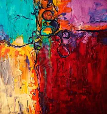 Abstraktes Acrylgemälde "Orient" von Susanne Stepbach. Eine farbgewaltige Komposition aus tiefem Rot, leuchtendem Türkis, Orange und Violett mit starkem Farbauftrag (Impasto) und grafischen, dunklen Linien-Elementen auf 20x20 cm Leinwand.