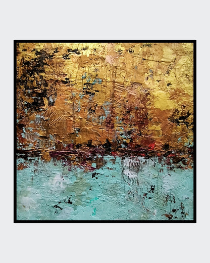 Abstraktes Gemälde "Smaragd Journey" von Susanne Stepbach. Zweigeteilte Komposition mit einer oberen Hälfte in strukturiertem Gold und Bronze sowie einer unteren Hälfte in hellem Smaragdgrün und Türkis. Stark haptische Acryl-Strukturen auf 25x25 cm Leinwand.