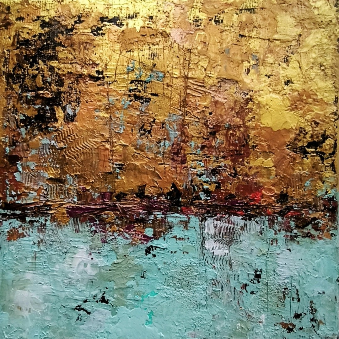 Abstraktes Gemälde "Smaragd Journey" von Susanne Stepbach. Zweigeteilte Komposition mit einer oberen Hälfte in strukturiertem Gold und Bronze sowie einer unteren Hälfte in hellem Smaragdgrün und Türkis. Stark haptische Acryl-Strukturen auf 25x25 cm Leinwand.