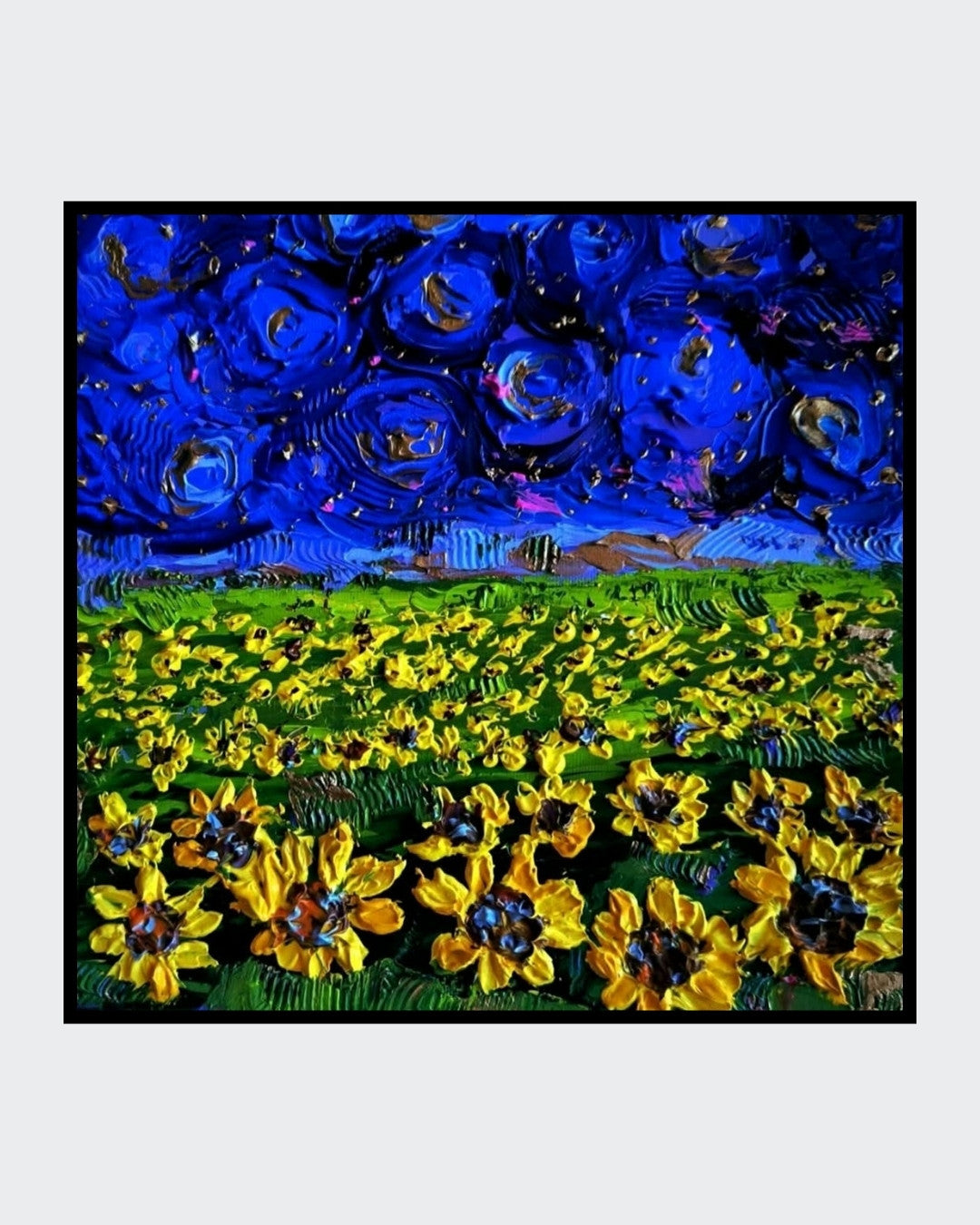 Abstraktes Acrylgemälde "Sunflowers under a starry Sky" von Susanne Stepbach. Ein leuchtendes Sonnenblumenfeld unter einem tiefblauen, wirbelnden Sternenhimmel im Impasto-Stil mit fühlbarer Textur auf 20x20 cm Leinwand.