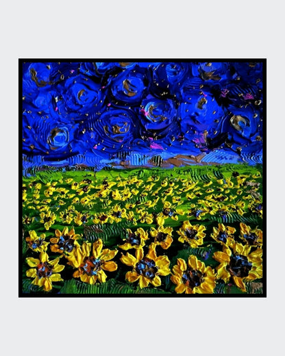 Abstraktes Acrylgemälde "Sunflowers under a starry Sky" von Susanne Stepbach. Ein leuchtendes Sonnenblumenfeld unter einem tiefblauen, wirbelnden Sternenhimmel im Impasto-Stil mit fühlbarer Textur auf 20x20 cm Leinwand.