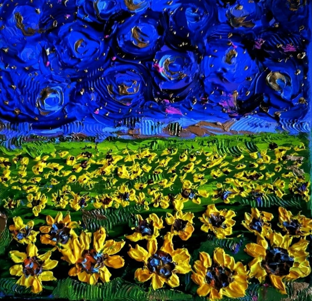 Abstraktes Acrylgemälde "Sunflowers under a starry Sky" von Susanne Stepbach. Ein leuchtendes Sonnenblumenfeld unter einem tiefblauen, wirbelnden Sternenhimmel im Impasto-Stil mit fühlbarer Textur auf 20x20 cm Leinwand.