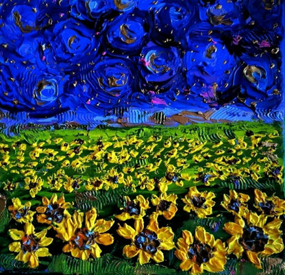 Abstraktes Acrylgemälde "Sunflowers under a starry Sky" von Susanne Stepbach. Ein leuchtendes Sonnenblumenfeld unter einem tiefblauen, wirbelnden Sternenhimmel im Impasto-Stil mit fühlbarer Textur auf 20x20 cm Leinwand.
