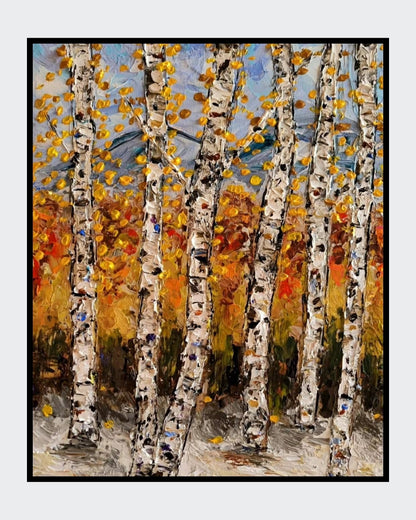 Handgemaltes Originalgemälde „The Moment of Fall“ von Susanne Stepbach. Impressionistischer Birkenwald im Herbst mit leuchtend gelben Blättern und weißen Stämmen in starker Impasto-Struktur auf 40x30 cm Leinwand.