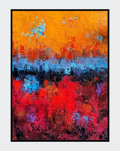 Abstraktes Acrylgemälde „Winter Solstice“ von Susanne Stepbach. Vertikale Komposition mit leuchtend orangem Himmel, einem kontrastreichen dunklen Mittelband mit hellblauen Akzenten und einem intensiv roten, strukturierten Bodenbereich. Starker Farbauftrag (Impasto) auf 30x40 cm Leinwand.