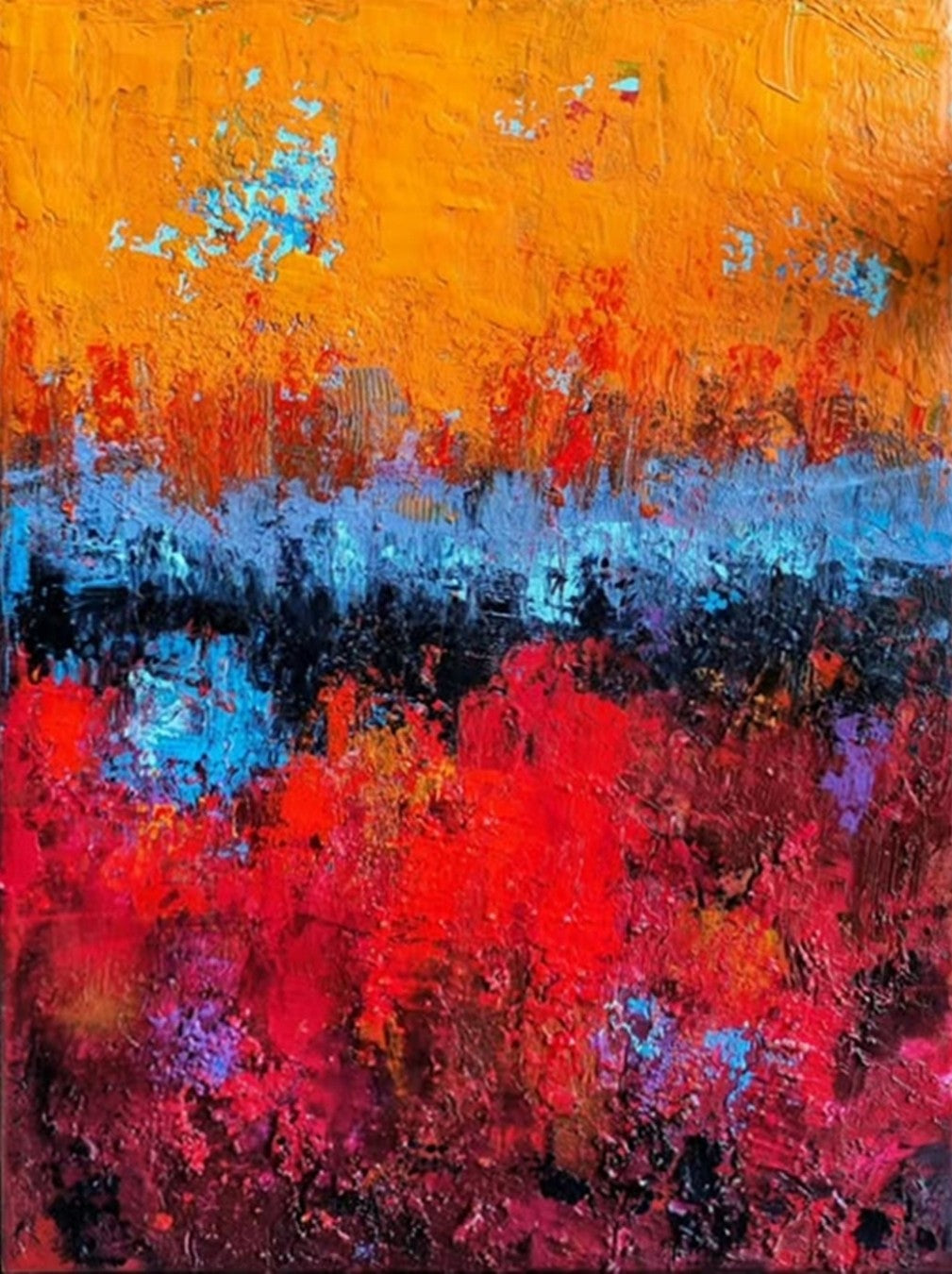 Abstraktes Acrylgemälde „Winter Solstice“ von Susanne Stepbach. Vertikale Komposition mit leuchtend orangem Himmel, einem kontrastreichen dunklen Mittelband mit hellblauen Akzenten und einem intensiv roten, strukturierten Bodenbereich. Starker Farbauftrag (Impasto) auf 30x40 cm Leinwand.