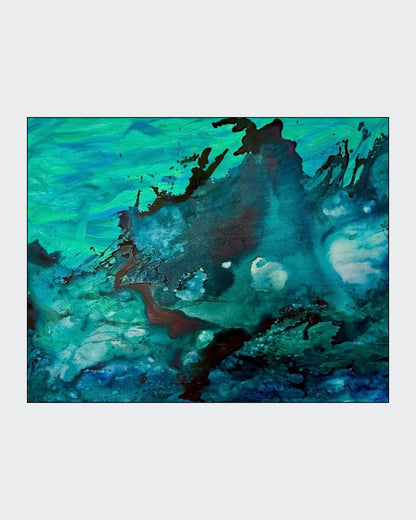Abstrakte Acrylmalerei „Die Welle“ von Tamara Polacek mit fließenden Strukturen und vielfältigen Blau-, Türkis- und Weißtönen.