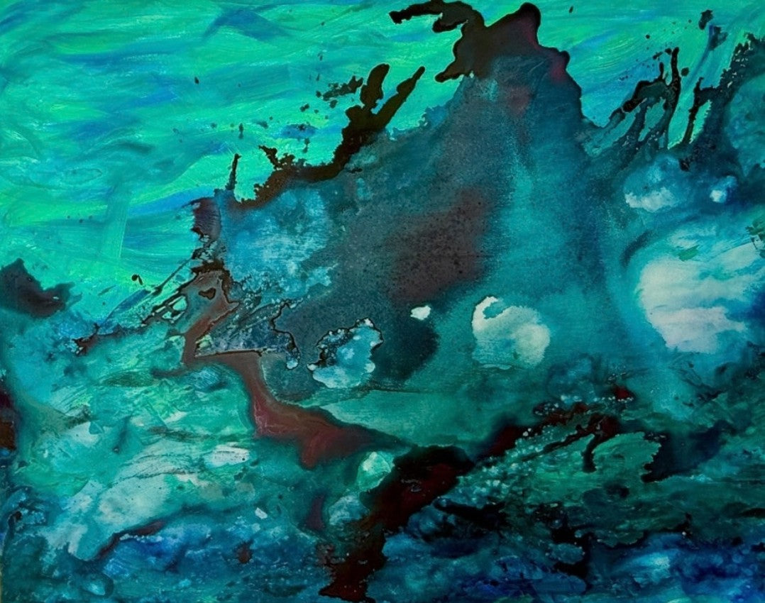 Abstrakte Acrylmalerei „Die Welle“ von Tamara Polacek mit fließenden Strukturen und vielfältigen Blau-, Türkis- und Weißtönen.