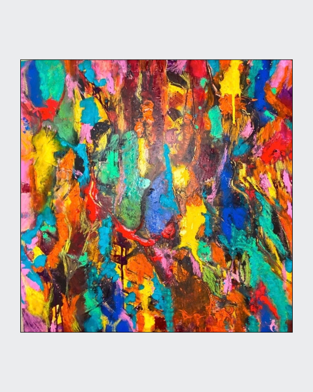 Abstrakte Acrylmalerei „Farben an die Macht“ von Tamara Polacek mit leuchtenden Farben, freien Farbverläufen und dynamischen Bewegungsspuren.
